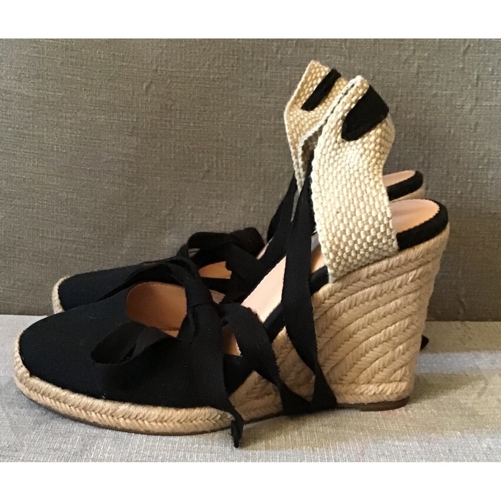 J Crew Black Canvas‎ Espadrille Wedge Chunky Sandals Lace Up Ankle Strap